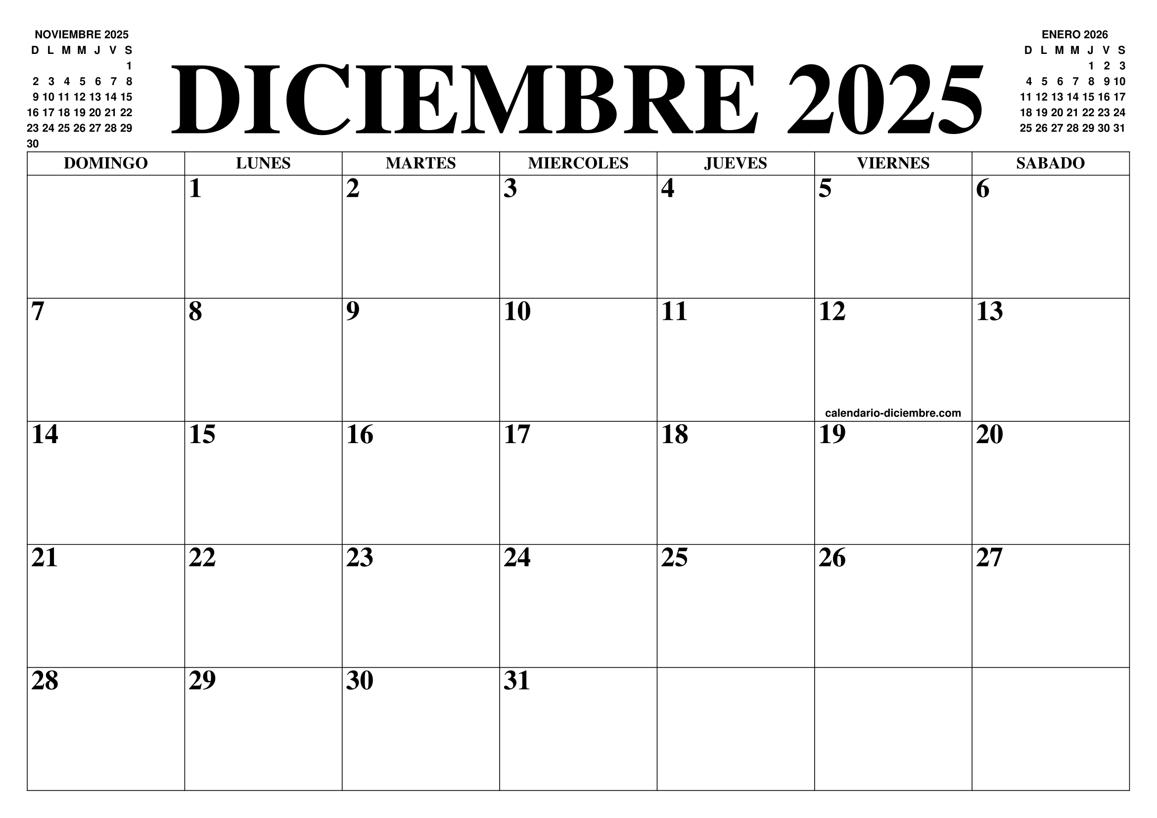 CALENDARIO DICIEMBRE 2025 : EL CALENDARIO DICIEMBRE PARA IMPRIMIR GRATIS - MES Y ANO AGENDA